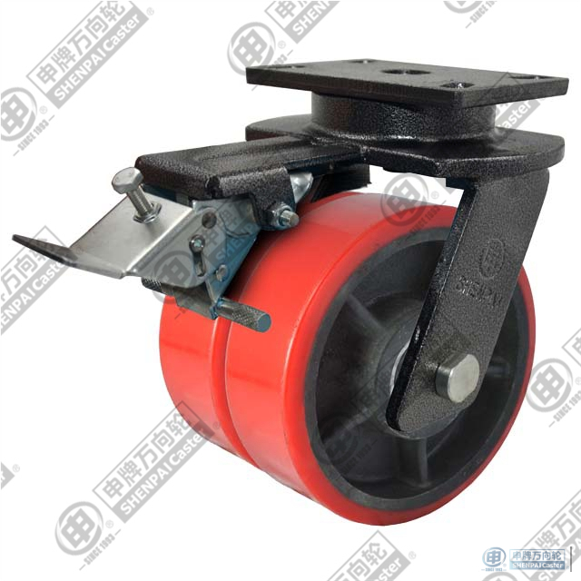 6" swivel with brake (Powder) PU on cast iron core Caster (Red)