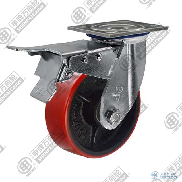 5" swivel onoff with brake PU on cast iron core Caster (Red)
